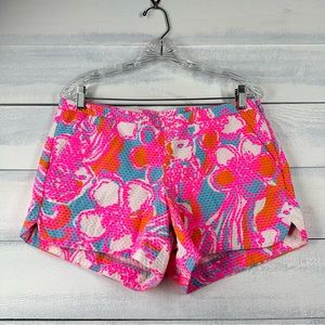 Lilly Pulitzer Neon Pink Blue Orange Floral All Over Print Textured Cotton Short